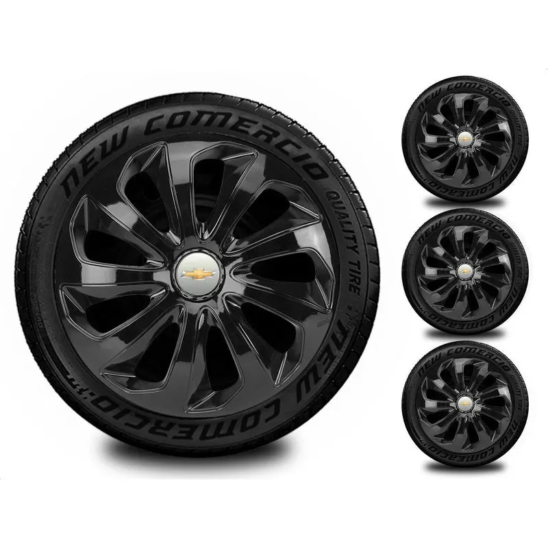 Kit 4 Calotas Esportiva Aro 15 Chevrolet Gm Preto Brilhante