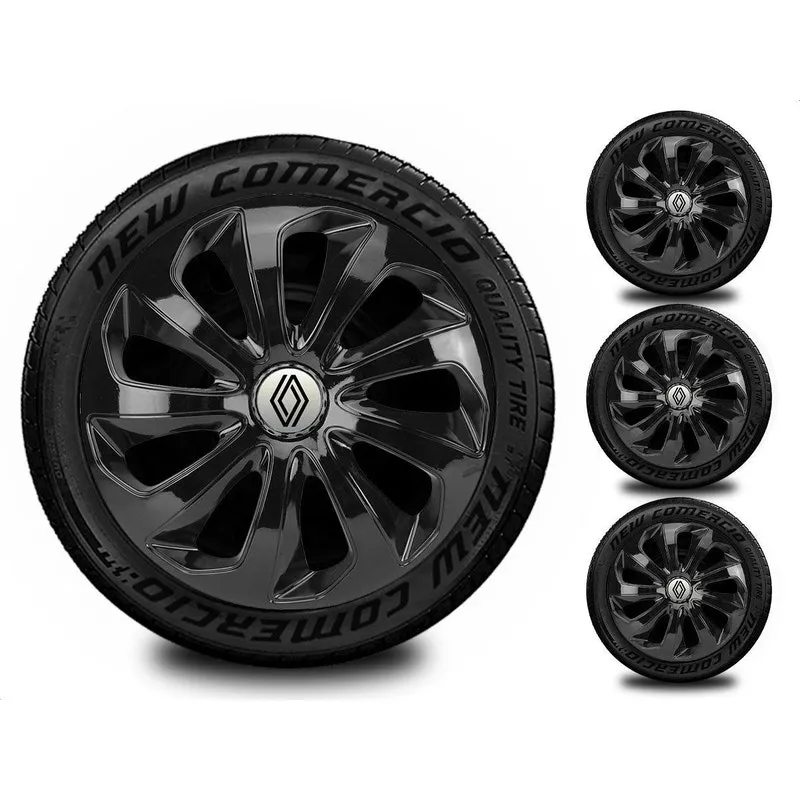 Kit 4 Calota Esportiva Aro 15 Renault Todos Preto Brilhante