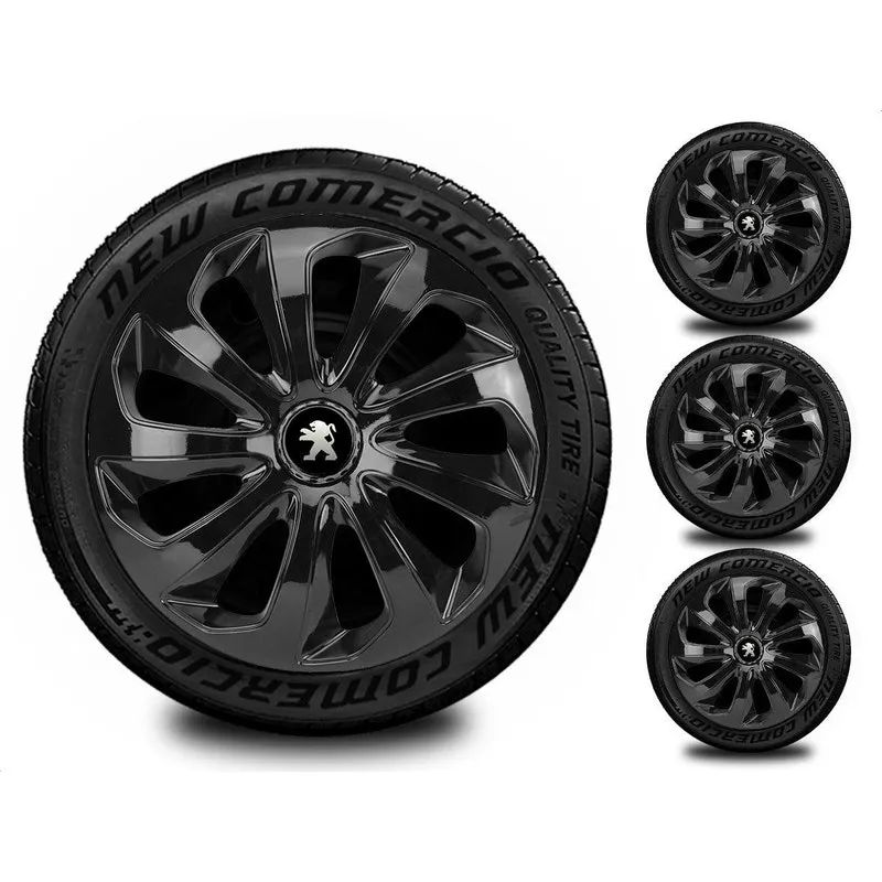 Kit 4 Calota Esportiva Aro 14 Todos Peugeot Preto Brilhante