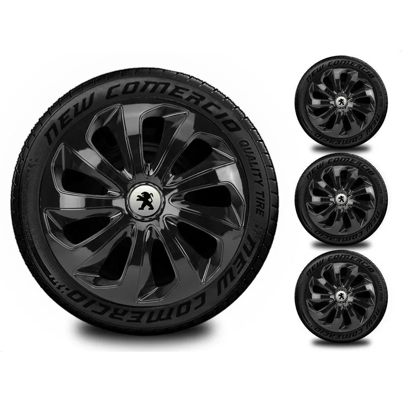 Kit 4 Calota Esportiva Aro 14 Todos Peugeot Preto Brilhante