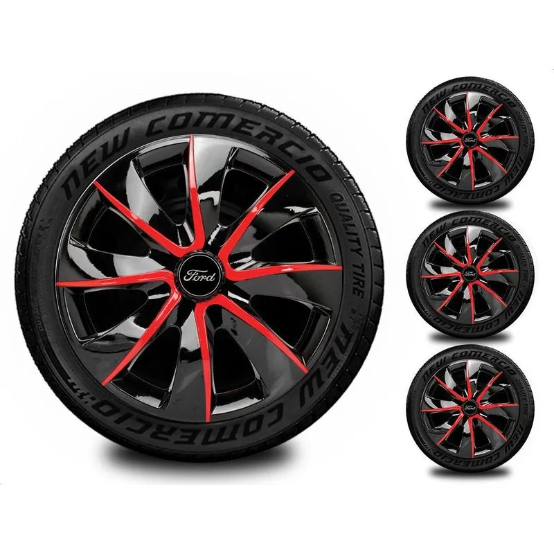 Jogo 4 Calotas Esportivas Aro 14 Ford Todos Preto Vermelho