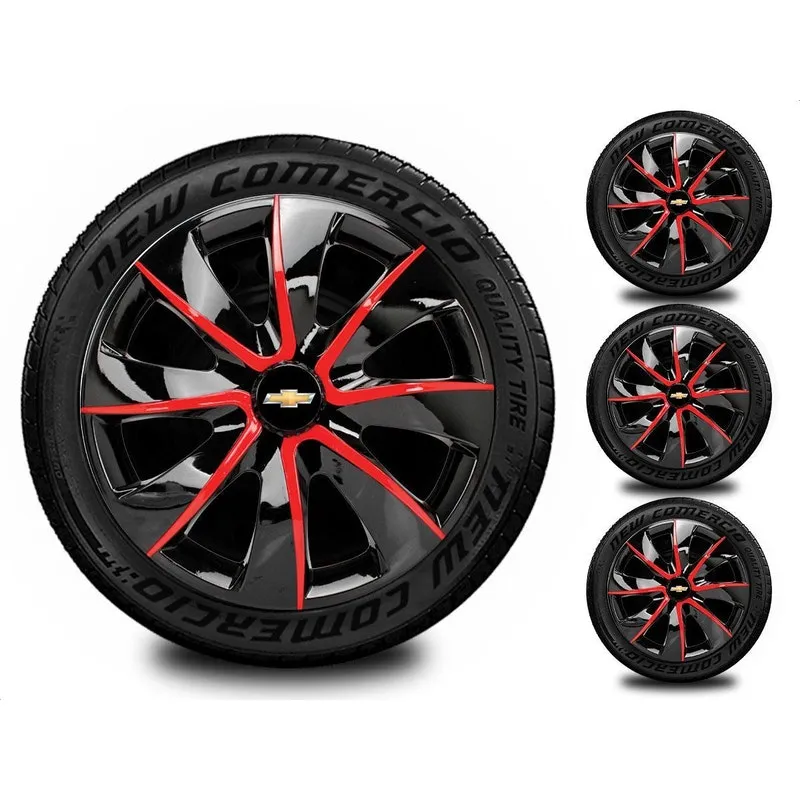 Jogo 4 Calota Esportiva Aro 14 Chevrolet Gm Preto Vermelho