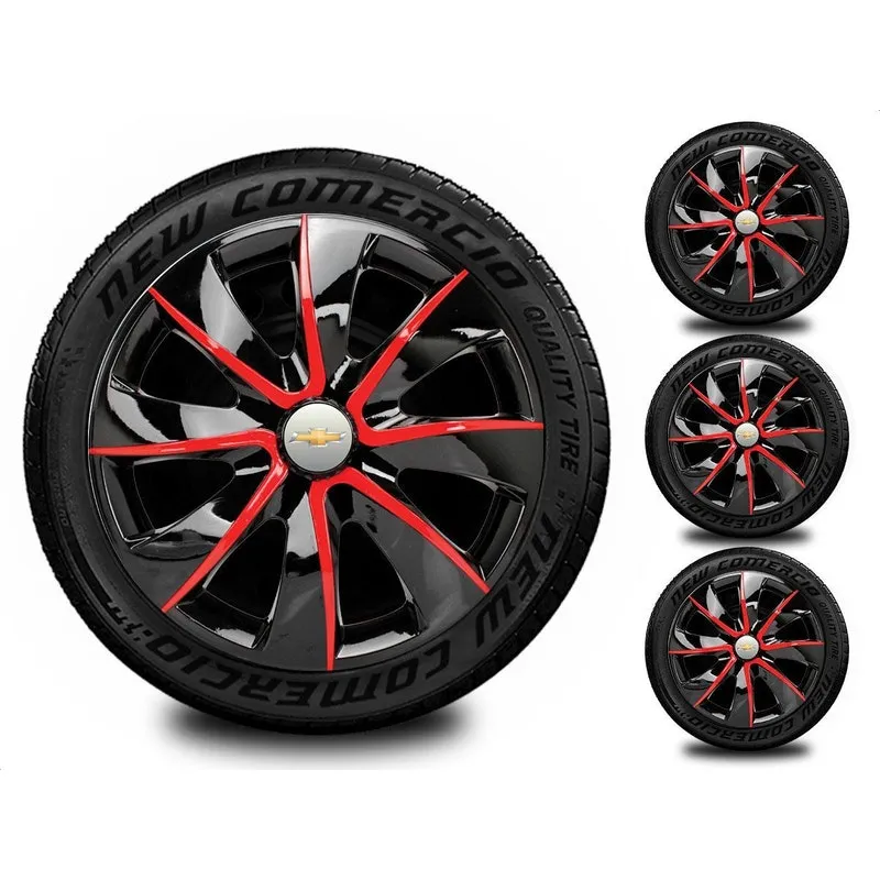 Jogo 4 Calota Esportiva Aro 14 Chevrolet Gm Preto Vermelho