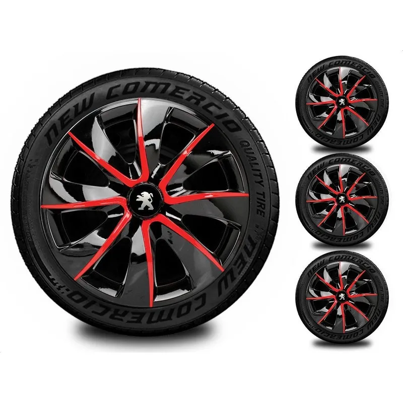 Jogo 4 Calota Esportiva Aro 14 Todos Peugeot Preto Vermelho