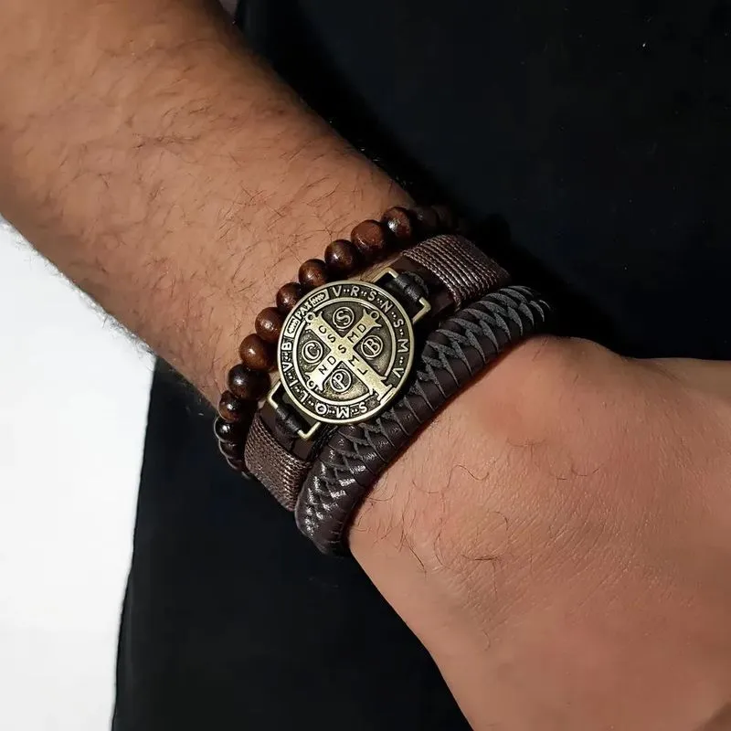 3x Pulseira Masculina De Couro São Bento Kit C/03