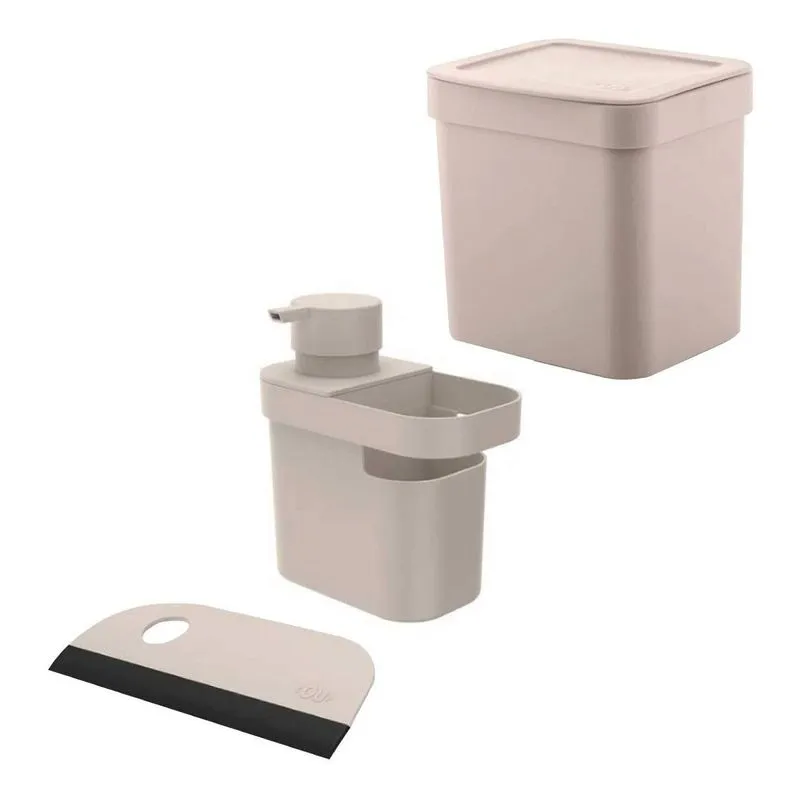 Utensílios De Cozinha Lixeira Porta Detergente E Rodo Bege
