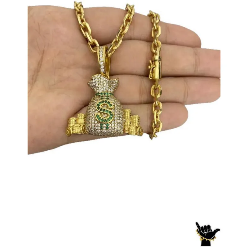Corrente 5Mm Cadeado Banhado Ouro Pingente Saco De Dinheiro