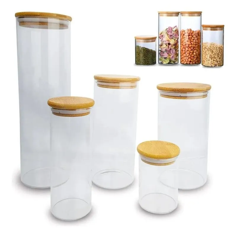 Kit 5 Potes De Vidro Herméticos Com Tampa De Bambu Para Mant