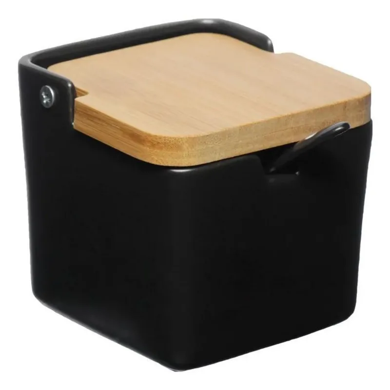 Saleiro Porcelana Preto Tampa De Bambu Com Colher Tempero