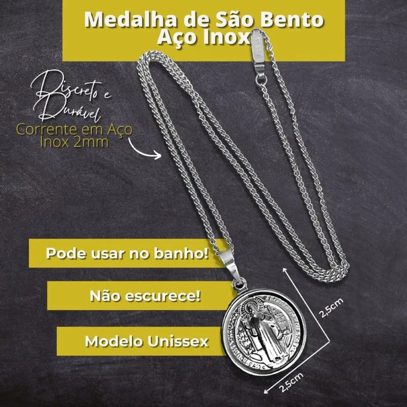 Cordão Medalha São Bento Original Prata Aço Inox