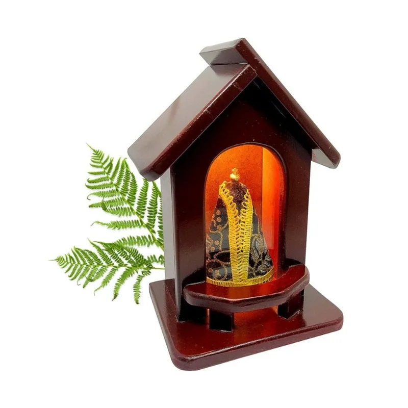 Oratório de Madeira Capela com Luz Bivolt com Imagem 21cm