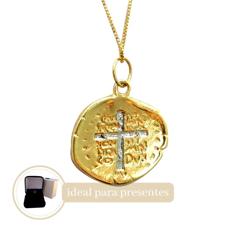 Pingente Da Medalha Das Duas Cruzes Colar Banhado A Ouro 18k