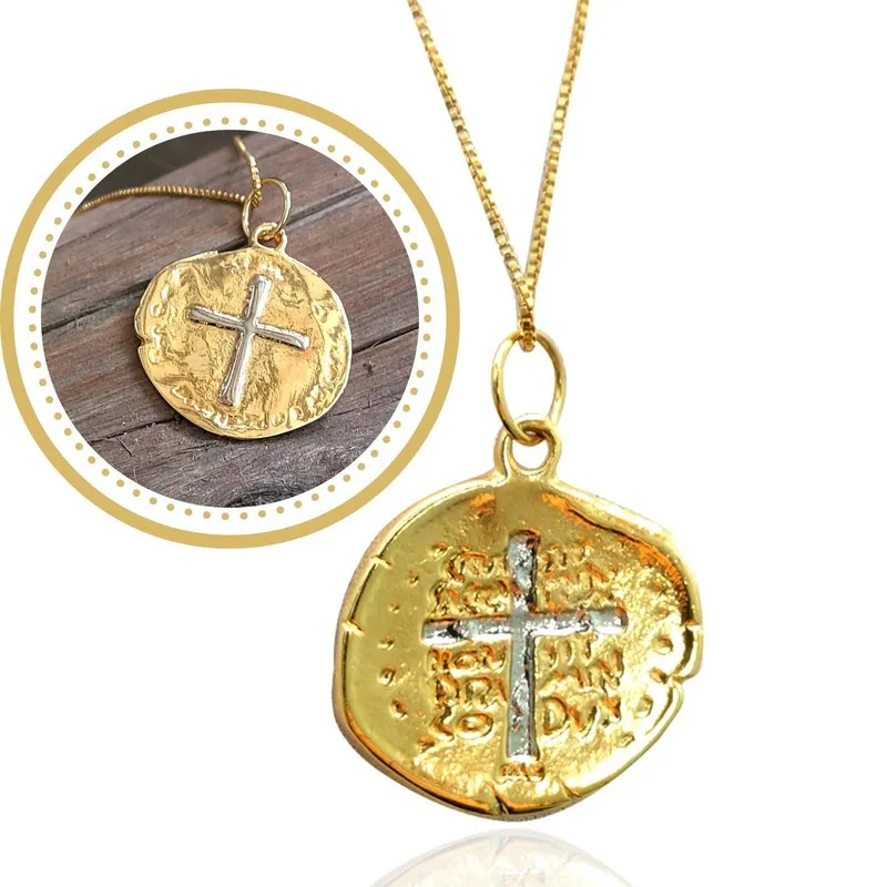 Medalha Duas Cruz Sao Bento Colar Semi Joia Banhada Ouro 18k