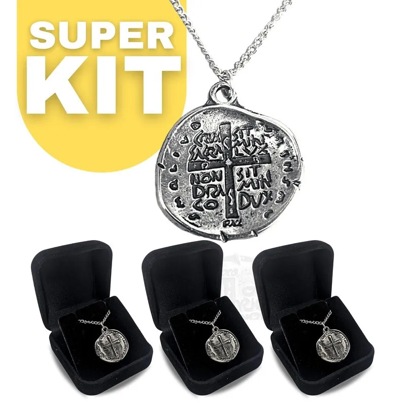 Kit 12 Colar São Bento Duas Cruzes Aço Inox c/ Caixa Atacado