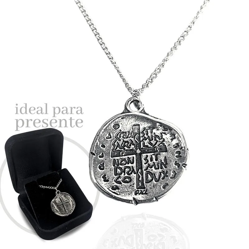 Medalha Da Duas Cruzes Sao Bento Aço Inox Prata Presente
