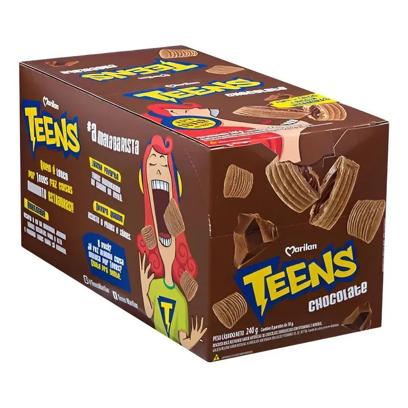 5x Biscoito Wafer Marilan Teens Chocolate Caixa 8 Unidades