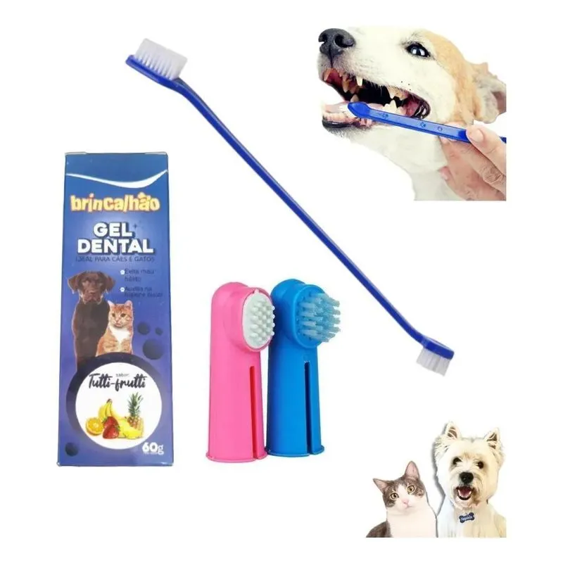 Kit Escova De Dente Pet + Pasta De Dente Para Cachorro Gato