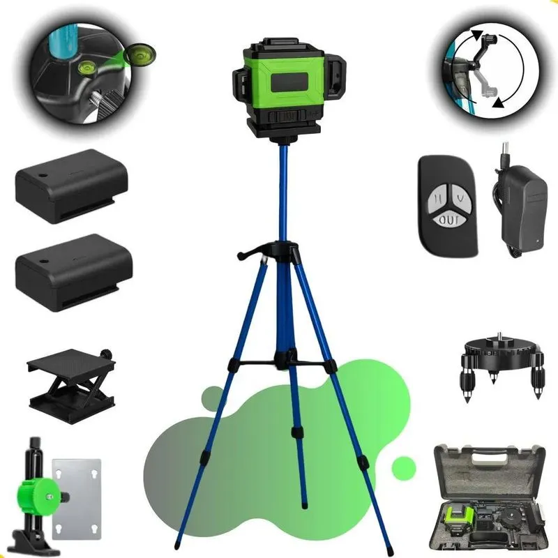 Nível A Laser Verde 12 Linhas + Esquadro + Suporte + Tripé