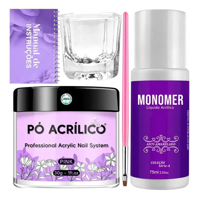 2x Kit Alongamento Unha Copo Dappen Monomer Pincel Pó Acríli