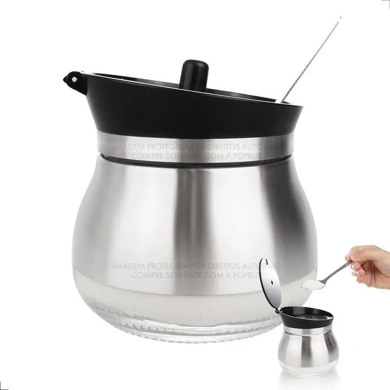 Lindo Açucareiro Vidro Revestido Em Inox Com Tampa E Colher