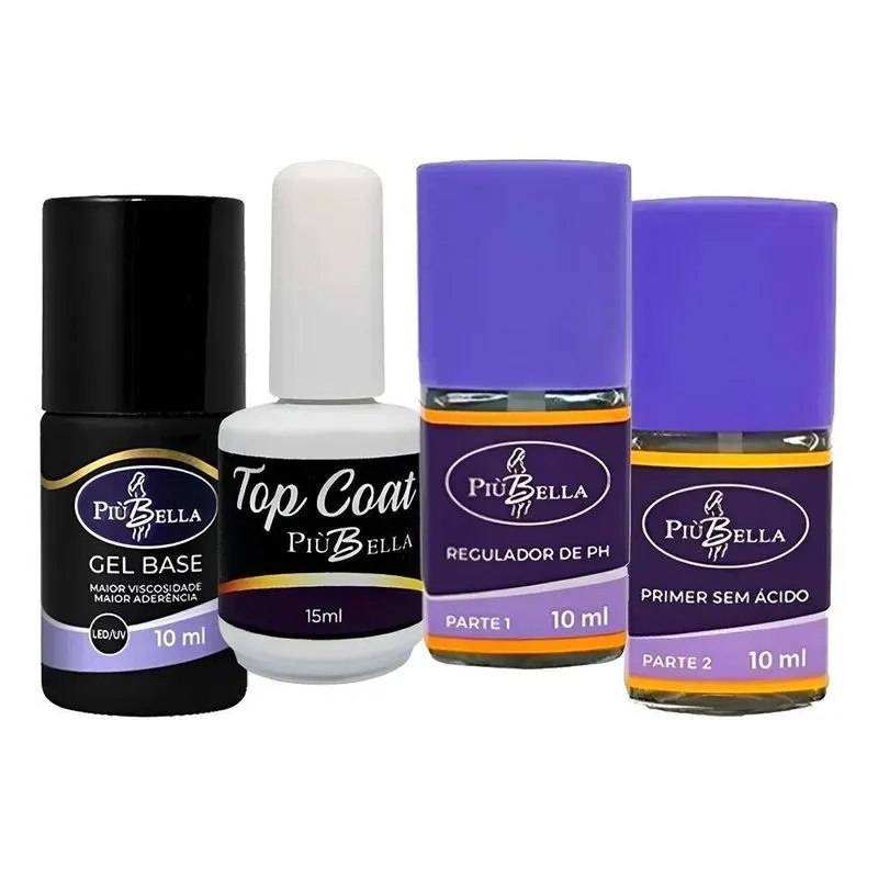 Kit Preparadores Piu Bella + Gel Base Blindagem + Top Coat