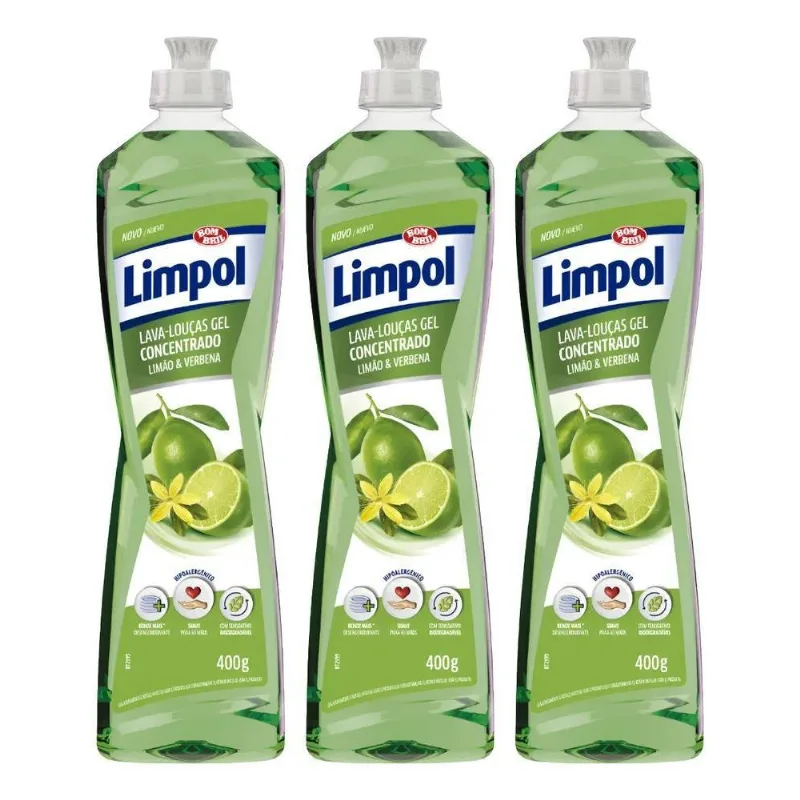 Kit 3 Detergente Gel Concentrado Limão Verbena 400ml Limpol