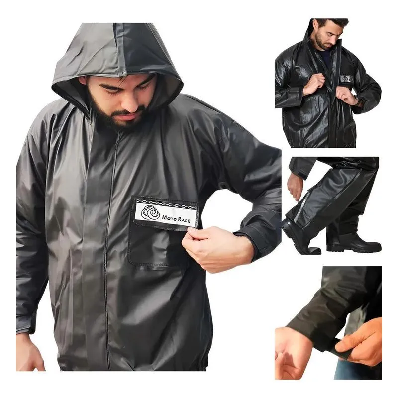 Capa Chuva Moto Com Capuz Emborrachada Impermeável Ref Preto