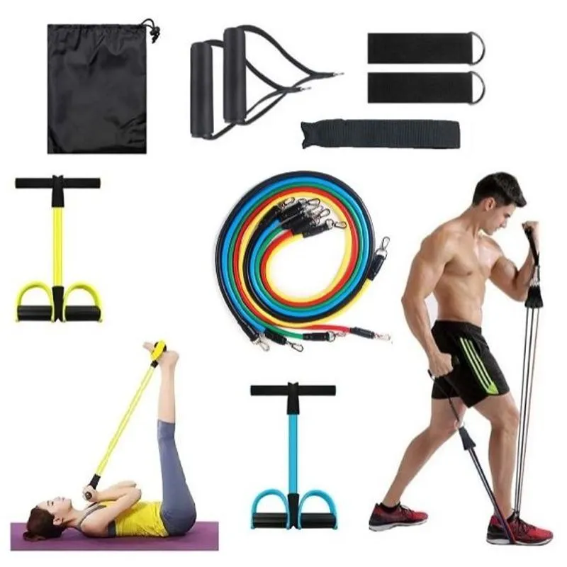 Promoção Kit Elástico Extensor 11 Peças + Extensor Pedal Sit-up Fitness Pilates Malhar Em Casa CrossFit