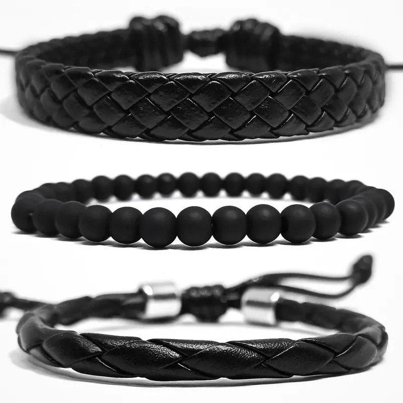 5x Kit 3 Pulseiras Masculinas Couro + Bolinha Preta Fosca 6m