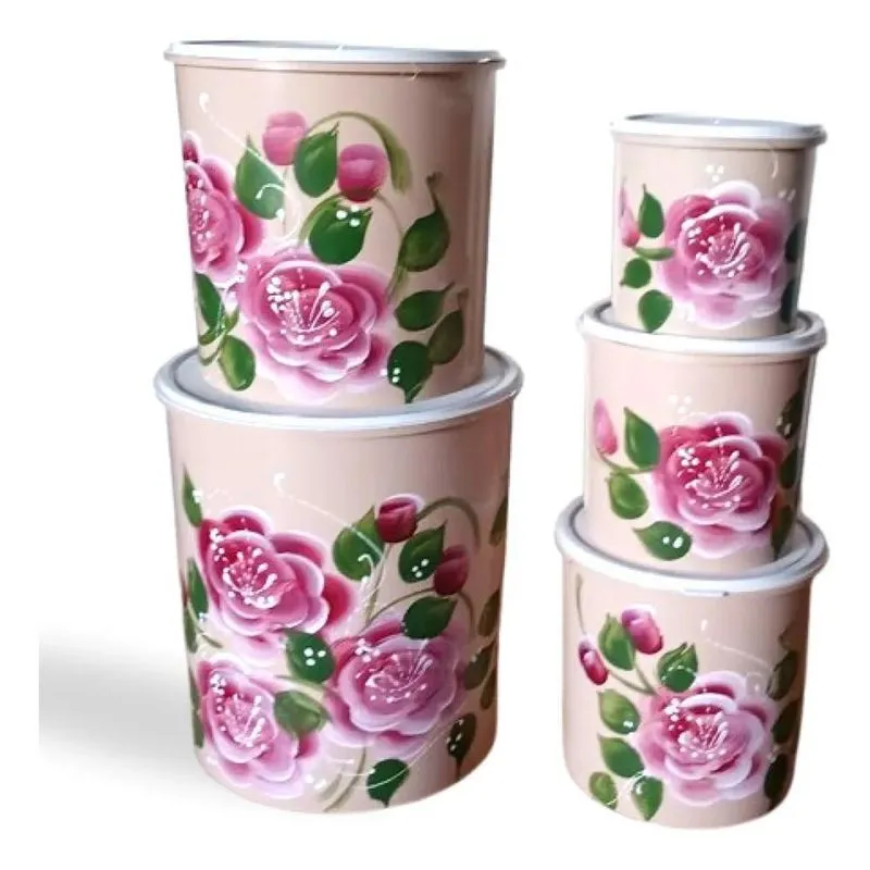 Conjunto 5 Potes Mantimentos Florais Pintados À Mão - Bege