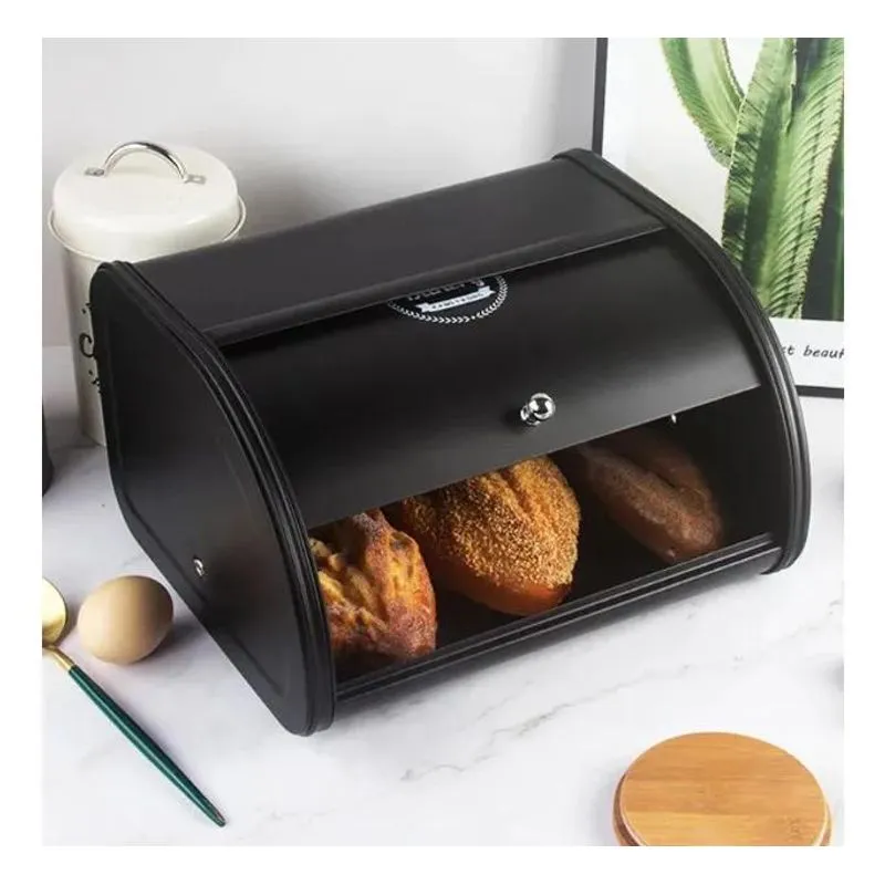 Porta Pão Cozinha Padaria Armazenamento De Pães Aço Preto