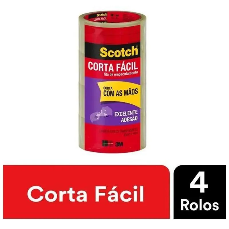 3x Fita De Empacotamento Scotch Corta Facil 45mm X 40m 4 Rol