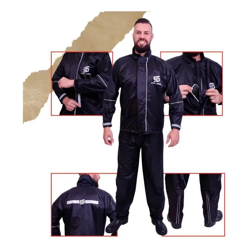 Conjunto Capa Roupa Para Chuva Nylon Impermeável Motoq Preto