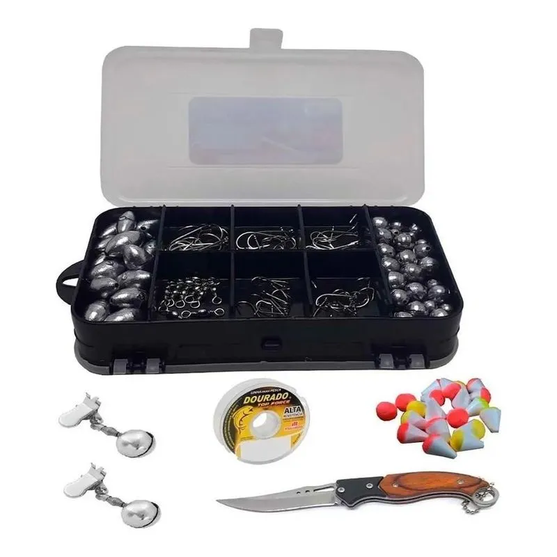 5x Kit Pesqueiro Chumbada Anzol Estojo Linha Boias E Canive