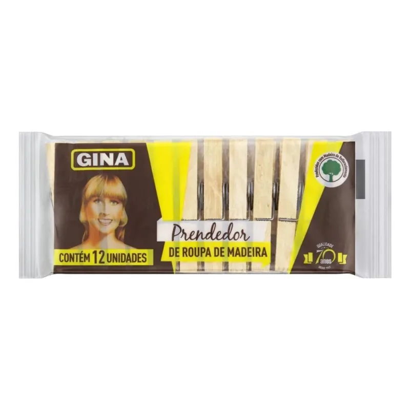 3x Prendedor De Roupa Madeira Gina 12 Unidades