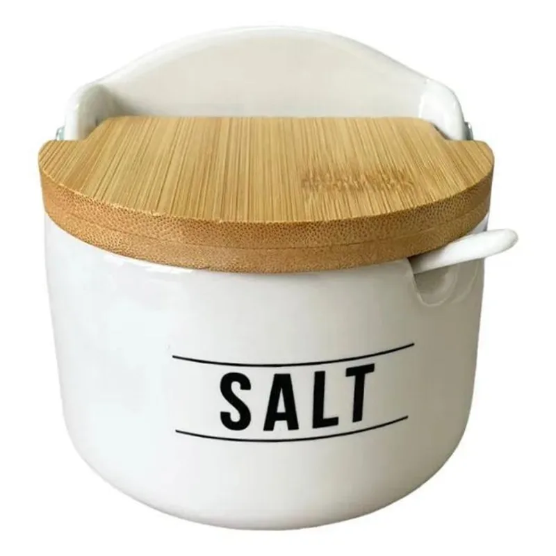 Saleiro De Mesa Em Porcelana Com Colher E Tampa De Bambu Bra