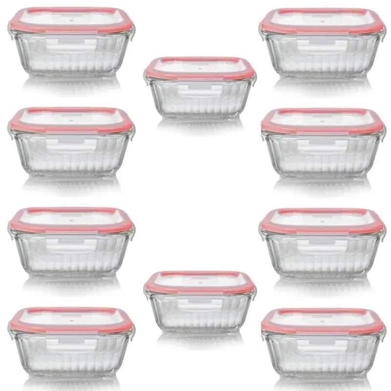 10 Potes Herméticos Canelados Vidro Quadrado 520Ml Com Tampa