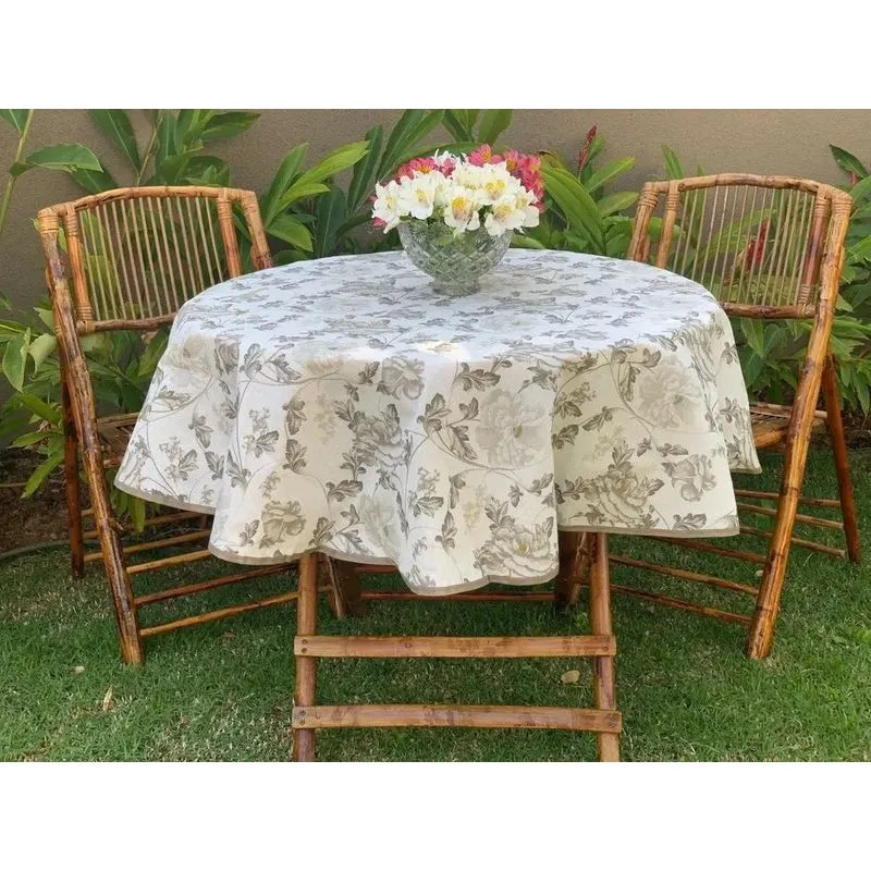 Toalha De Mesa Redonda 4 Lugares Flores Rosas 1 Cinza E Bran