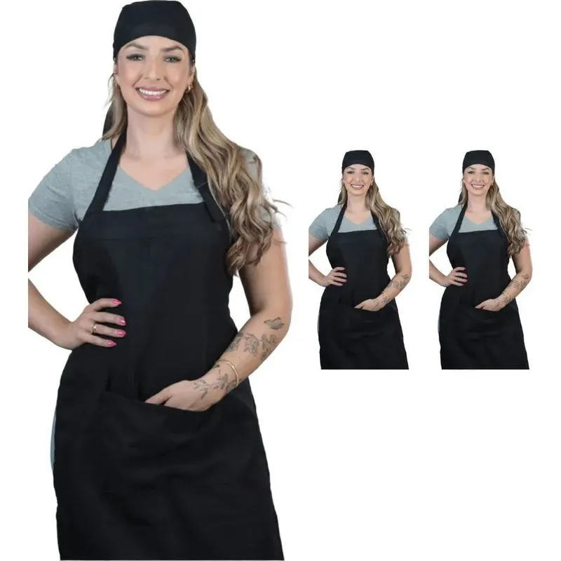 Kit 3 Avental + 3 Touca Garçom Cozinha Lanchonete Pizz Preto