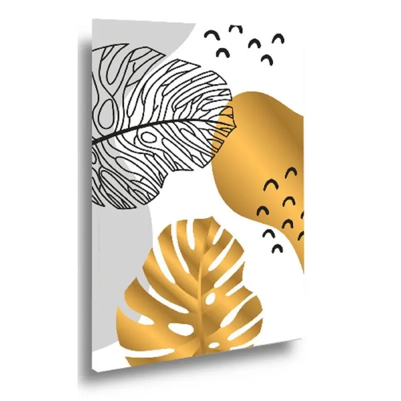 Quadro Decorativo Tela Sala Abstrato Folhas Dourado Branco