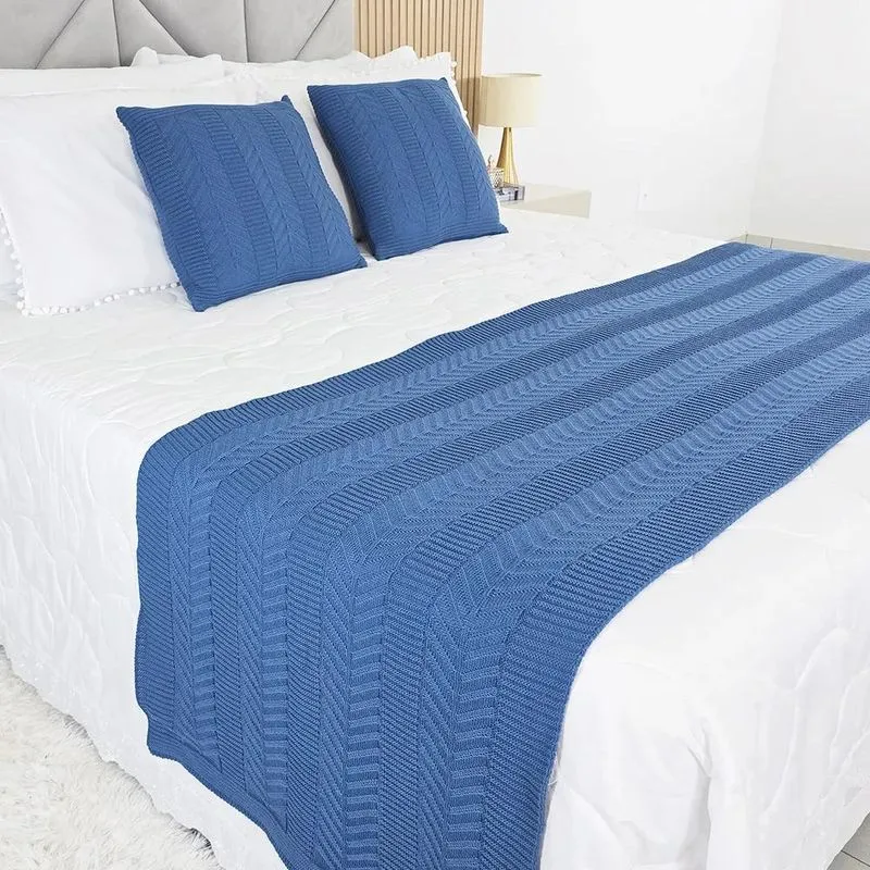 Kit Peseira E Almofadas Tricot Vanvest Cama King Azul Jeans