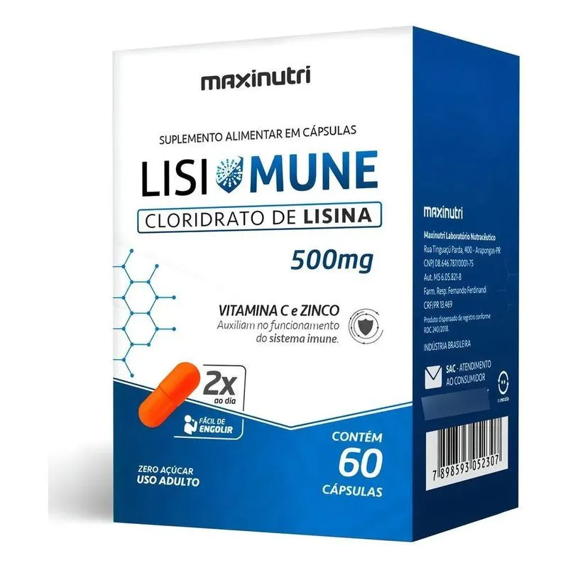Lisimune Lisina 60 Cápsulas 500mg Vitamica C Zinco Maxinutri