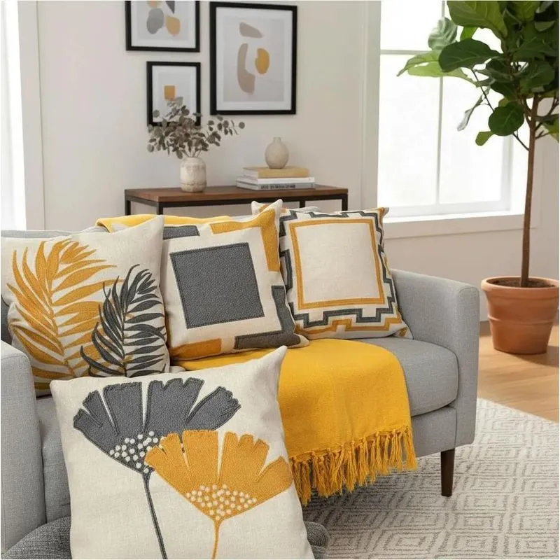 4 Capas Almofada Linho Estampada Luxo Folhagem Moldura