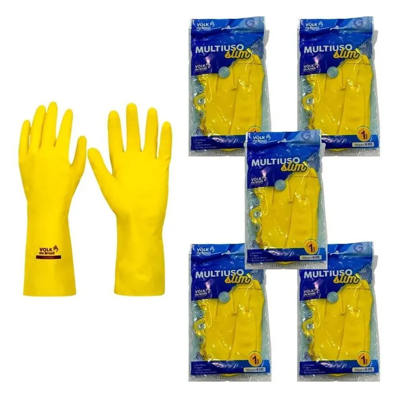 Kit 5 Prs Luva Látex Amarela Forrada Multiuso Limpeza Louça