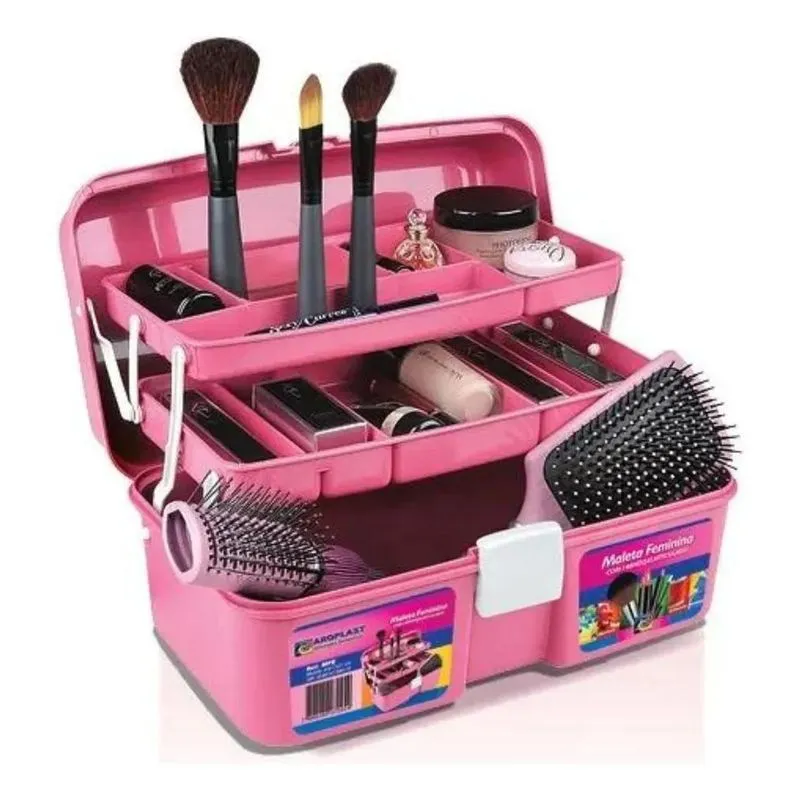 2x Caixa Maleta Maquiagem Feminina Rosa Beleza C/2 Bandeja A