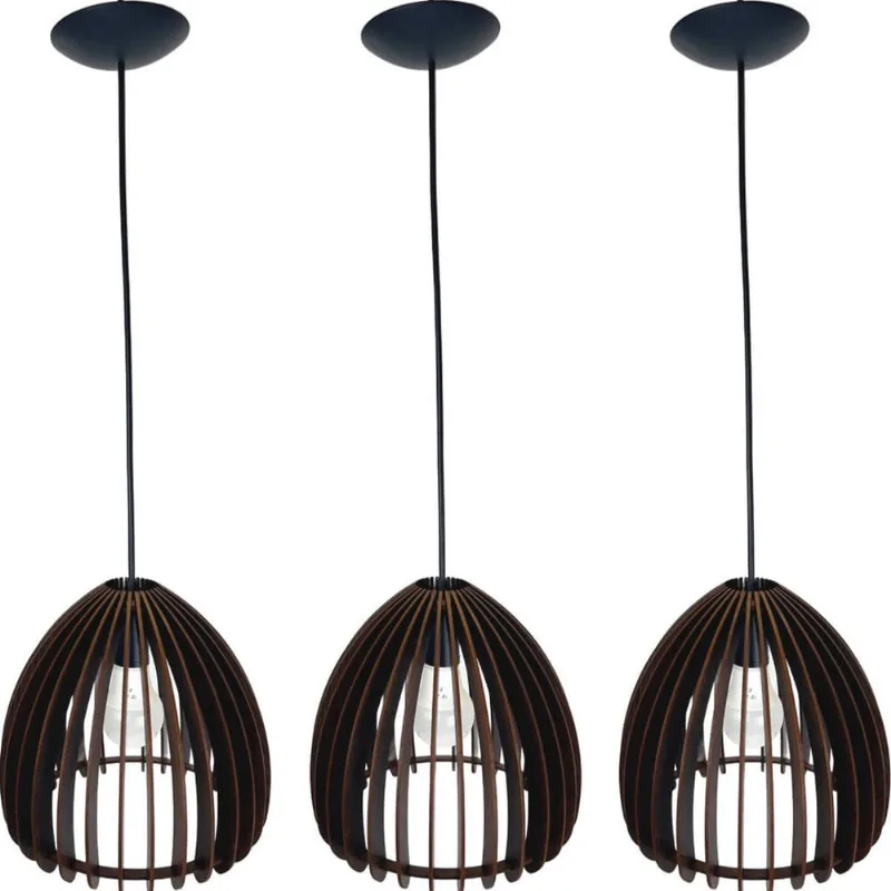 Pendente Lustre Kit 3 Luminaria Teto Mdf Bali Cor Nogueira