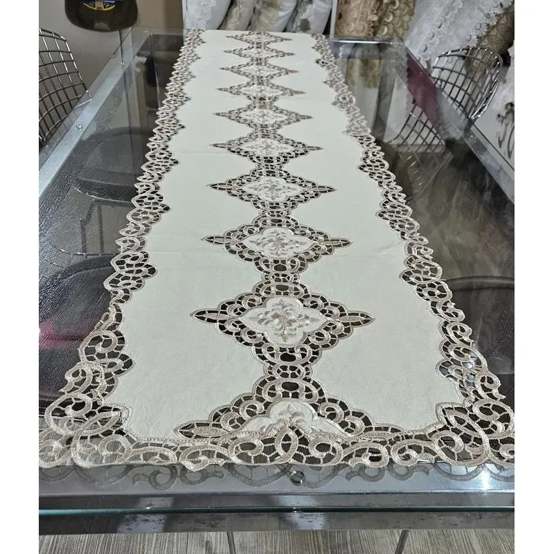 Trilho De Mesa 40x180cm Guipir Bordado Caminho Croc Dourado