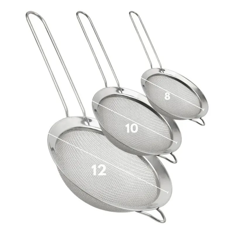 Peneira Inox Kit 3 Peças Luxo Fina Coador Escorrer Polvilhar