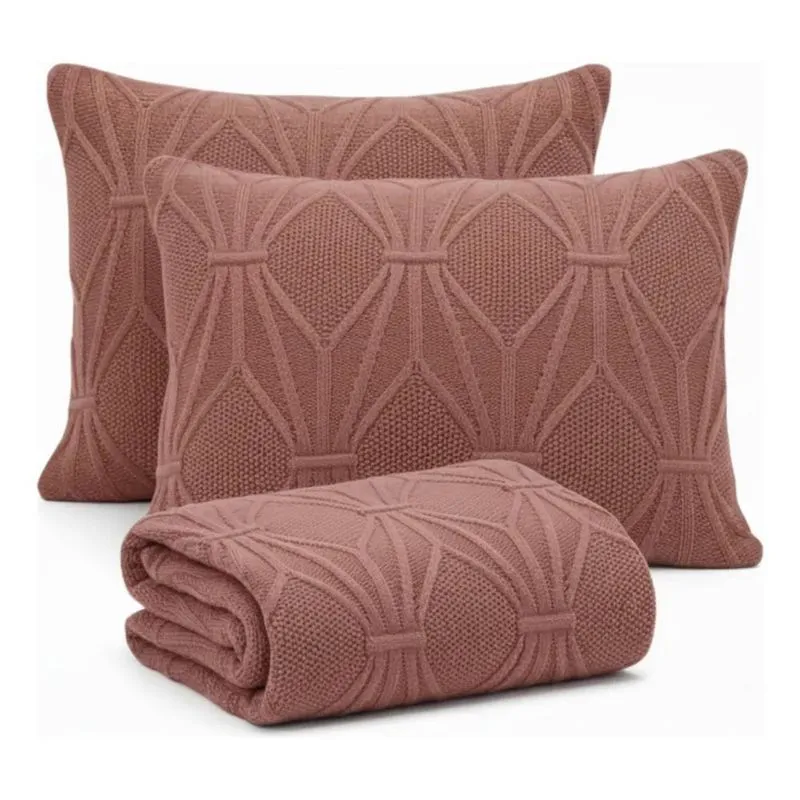Kit Peseira Manta Tricô Cama Queen +2 Capa Almofada Tr Matte