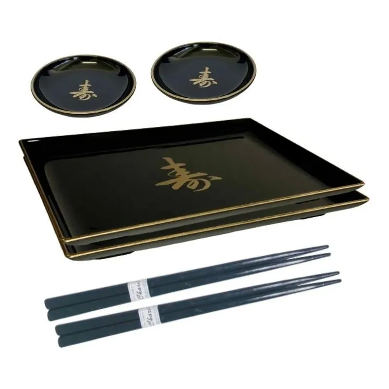 Kit 2 Pessoas Jogo Jantar Oriental Molheira Prato Preto - Pr